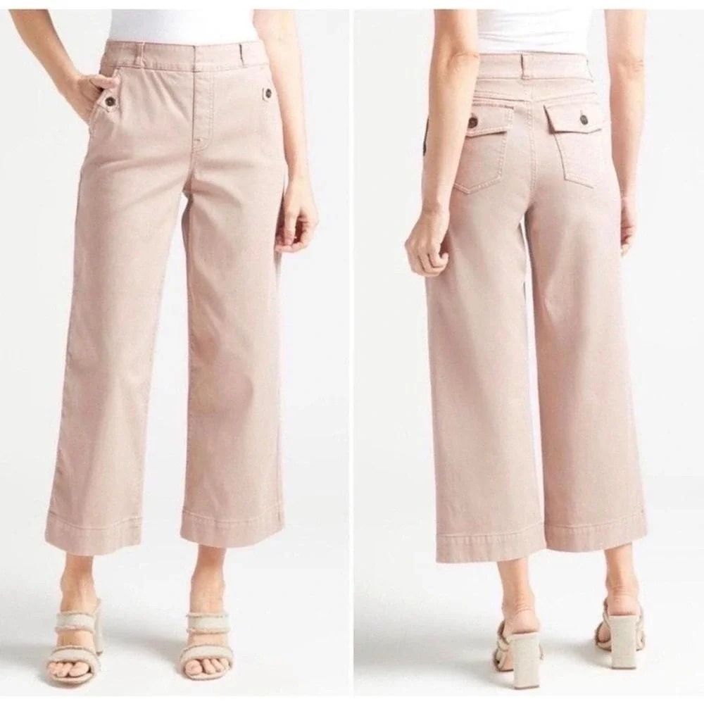 Spanx Twill Cropped Wide Leg Stretch Trouser Pull On Pants Sz Large Blush Beige